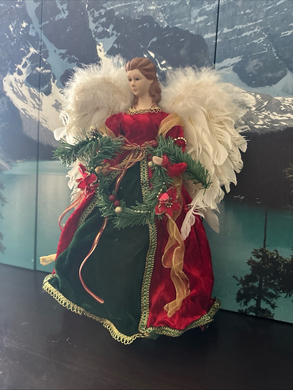 Holiday Angel Tree Topper in Red, Green and White